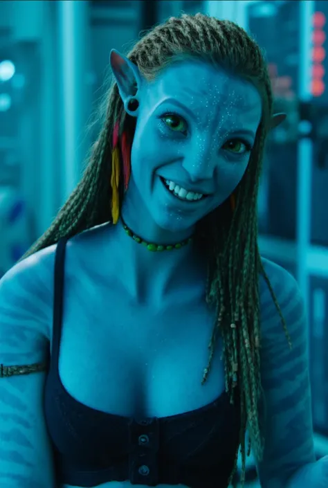 nude photography of (1) gorgeous female avatar alien wearing a tank top and jean shorts, gorgeous na'vi face, she is wearing a tank top, blue skin, pointy na'vi alien ears, big beautiful eyes, Taylor Swift as a na'vi alien, Taylor Swift face, cleavage, smu...