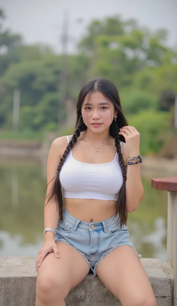 HD wallpaper 32k cinematic shoot of a Beautiful cute wet Japanese girl, with thick thighs and a curvy waist,  twin braids, wearing a Simple crop top, extreme micro denim shorts, ((long waist)), ((navel)), ((double thick thighs)), ((tied overhead by cuffs))...