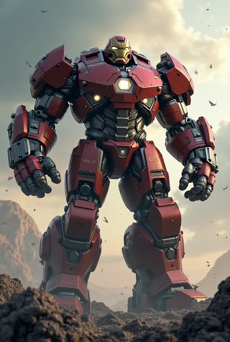 hulkbuster, detailed muscular humanoid mech suit, powerful stance, fierce expression, superhuman abilities, advanced technology, metallic armor plating, glowing energy core, complex machinery, rugged terrain, cloudy sky, epic cinematic lighting, dramatic s...