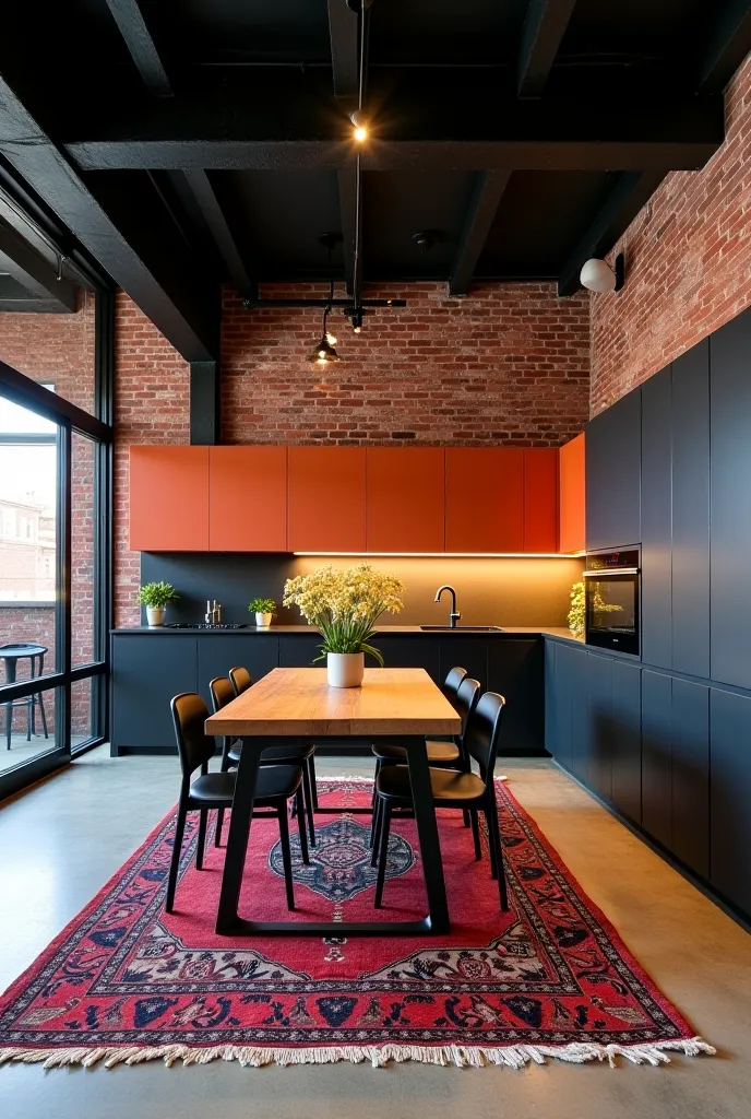 
“A modern industrial kitchen with exposed red brick walls, black steel beams, and a high ceiling in a spacious open-concept loft. The cabinets are matte black and burnt-orange, creating a bold contrast. A sleek, minimalist wooden dining table with black m...