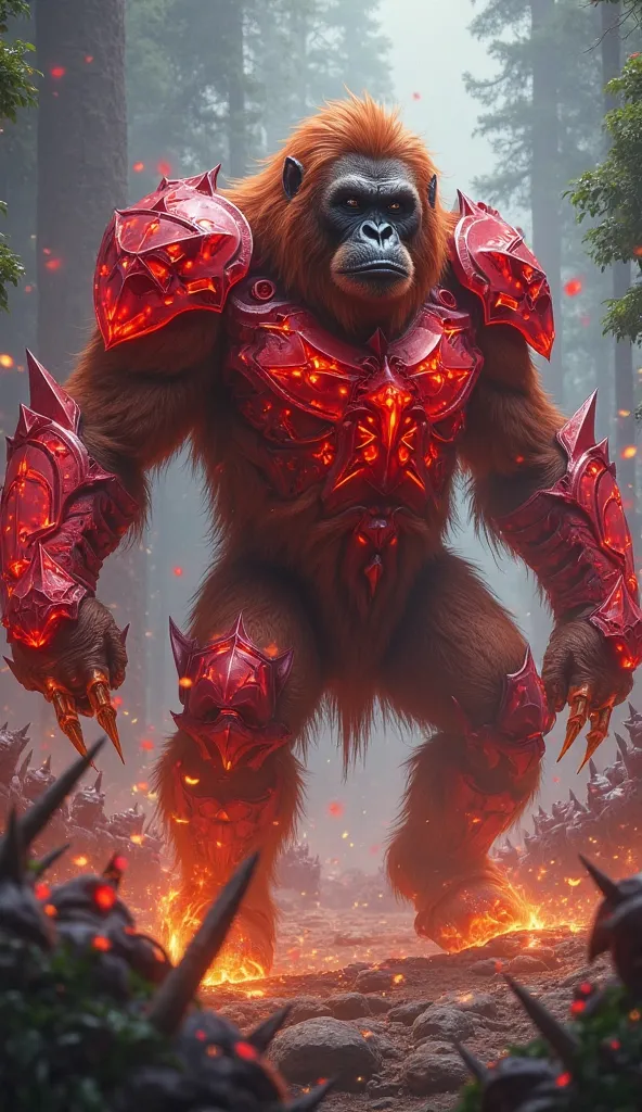 An orangutan with red crystal armor, breaks through the dark wizard's army to destroy the cursed tower that is destroying nature.