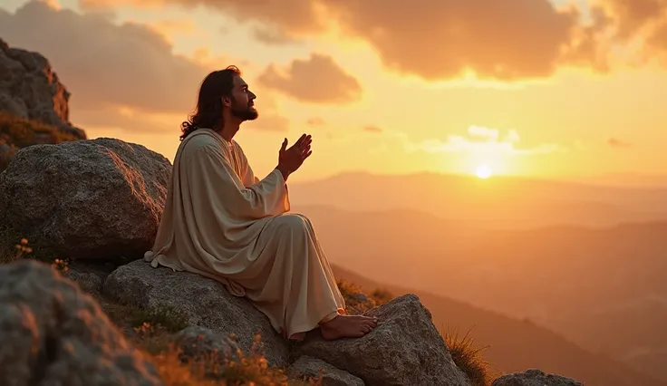 "Jesus Christ is sitting on a mountain near a large rock, placing His hands on it while gazing into the sky in deep prayer. The scene is illuminated by the warm hues of a sunset, casting a golden glow over the landscape. The atmosphere is peaceful and divi...