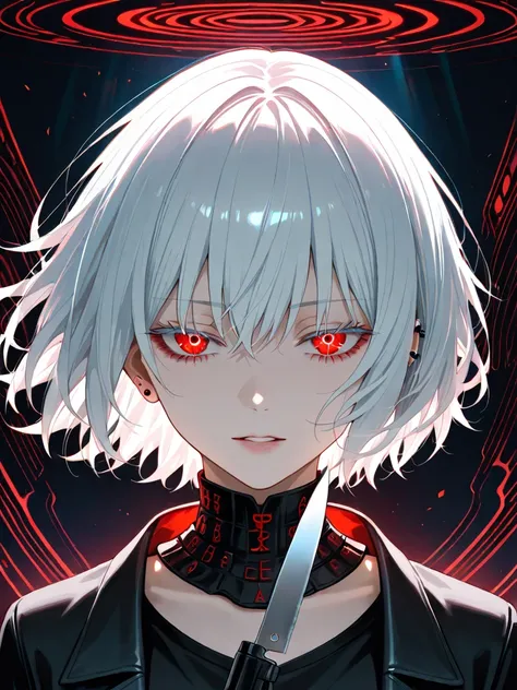 Best quality, Kaneki \(Tokyo Ghoul\), White Hair, lomg hair, girl version, black T-Shirt, Yandere, Red eye, long hair, wear black Jacket, knife, bust up, mask