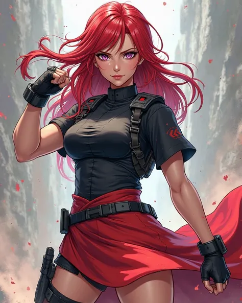 Muscular woman in tactical clothing,  shiny red hair , purple eyes, intense red skirt,  black shirt, big ass, big chest, in action pose, anime style