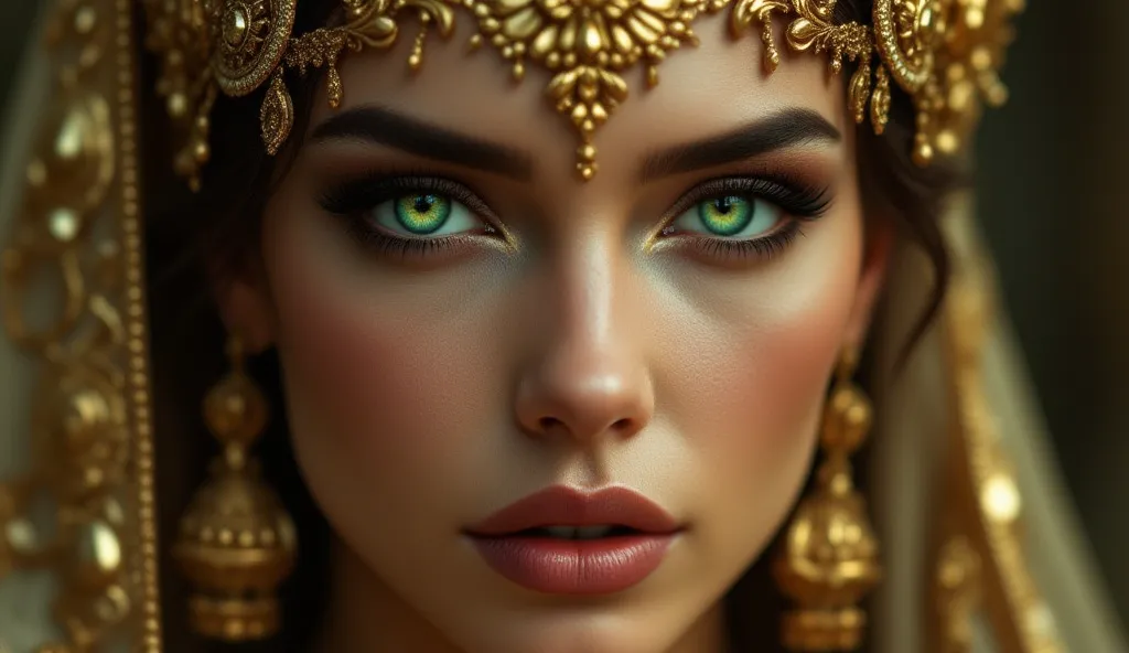 close up, a close up of a woman wearing a gold headdress and a green eye, cinematic goddess close shot, a beautiful fantasy empress, a stunning portrait of a goddess, karol bak uhd, elegant cinematic fantasy art, ((a beautiful fantasy empress)), cinematic ...