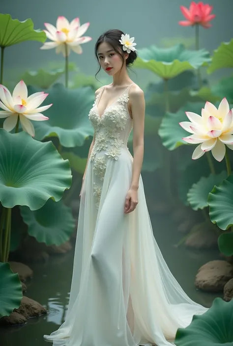 a woman in an elegant, flowing white gown adorned with floral designs. She is standing in a serene environment surrounded by large lotus flowers in various colors, including white and red, along with broad green leaves. The setting resembles a tranquil gar...