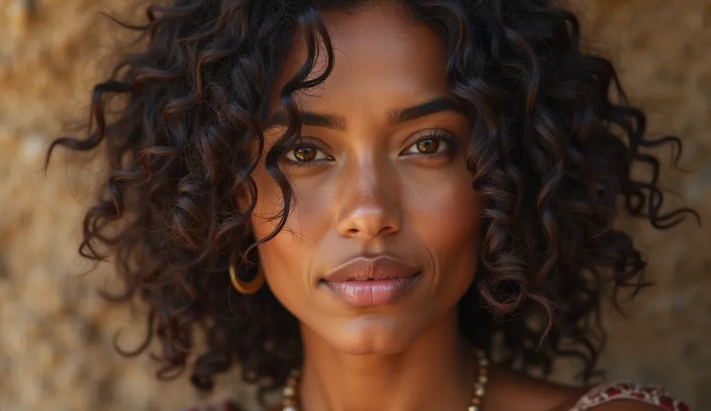 Create an ultra-realistic image of the face of a beautiful 25-year-old woman, medium curly hair, no makeup, looking like an ancient Israelite; make a total blur of the background, use a Leica SL2 camera Bundle with 24-70mm f/2.8 Lens
