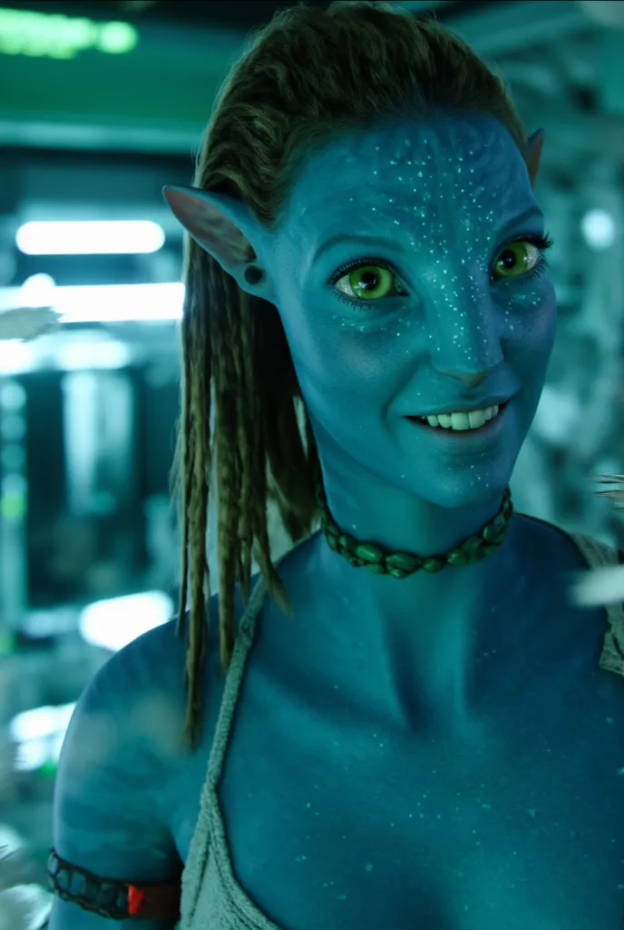 nude photography of (1) gorgeous female avatar alien wearing a tank top and jean shorts, gorgeous na'vi face, she is wearing a tank top, blue skin, pointy na'vi alien ears, big beautiful eyes, Taylor Swift as a na'vi alien, Taylor Swift face, cleavage, smu...