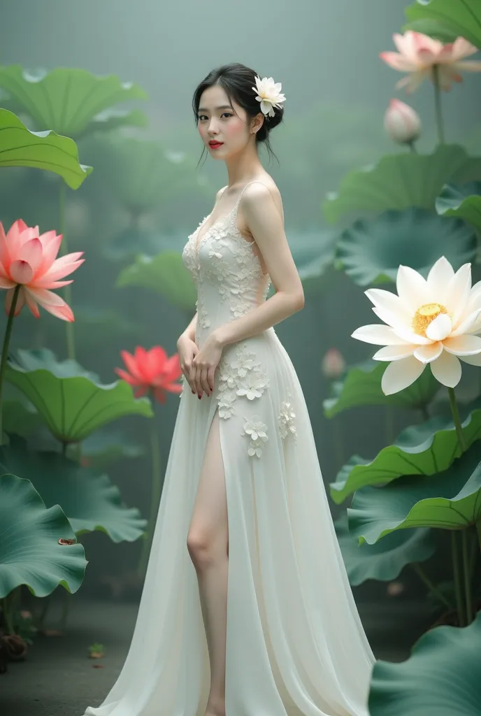 a woman in an elegant, flowing white gown adorned with floral designs. She is standing in a serene environment surrounded by large lotus flowers in various colors, including white and red, along with broad green leaves. The setting resembles a tranquil gar...