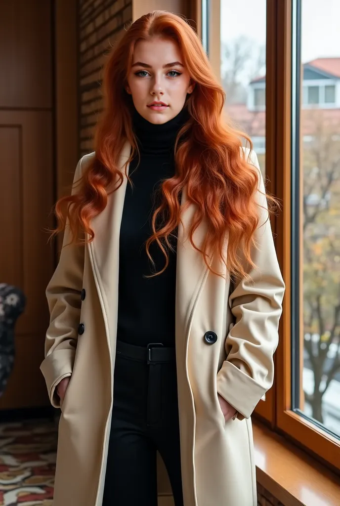 model: Irina,  18 years old, Ukrainian girl,  long red hair
Location :

1. outside: An autumnal park with golden leaves or an urban backdrop with modern buildings in the background.


2. Inside: A stylish apartment with warm light, wood and velvet elements...