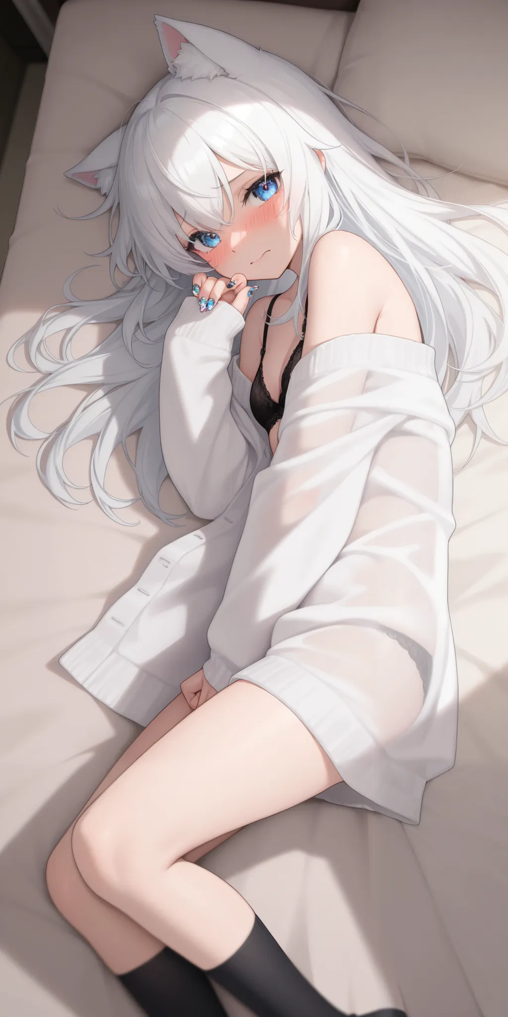 The girl is sleeping on her side,looking at viewer,black bra,See-through white cardigan,black knee socks,(embarrassed:2),Cat Ears,White Hair,long hair,small breasts,nail art,bed,having a bird's-eye view,(masterpiece,detailed:1.4),Hi-Res, top quality, Japan...