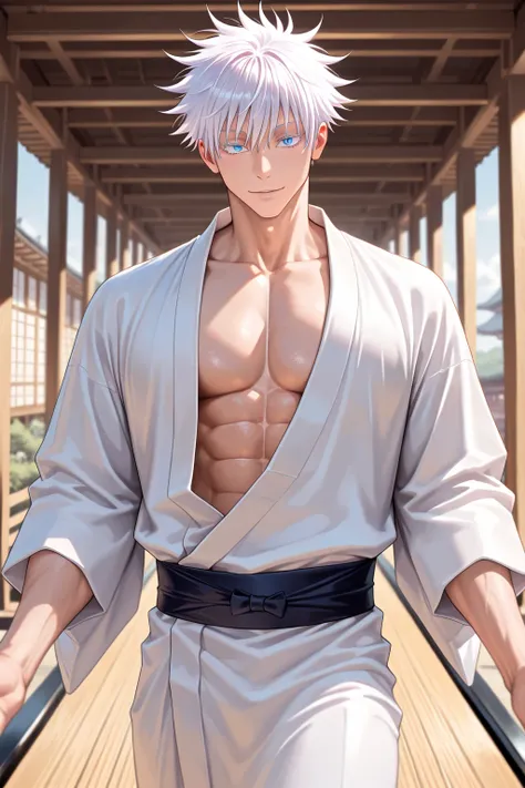 masterpiece, best quality, amazing quality, very aesthetic, cowboy shot, depth of field, solo, 1 man , gojou satoru, jujutsu kaisen, white hair, short hair, blue eyes, muscular, handsome, sexy man, opened white japanese traditional kimono, catwalk, walks a...