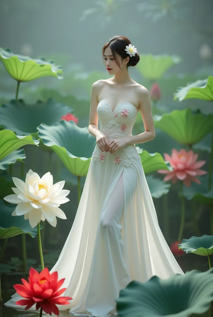 a woman in an elegant, flowing white gown adorned with floral designs. She is standing in a serene environment surrounded by large lotus flowers in various colors, including white and red, along with broad green leaves. The setting resembles a tranquil gar...