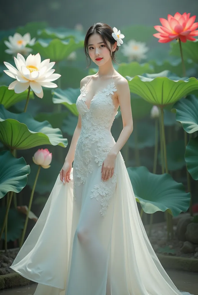 a woman in an elegant, flowing white gown adorned with floral designs. She is standing in a serene environment surrounded by large lotus flowers in various colors, including white and red, along with broad green leaves. The setting resembles a tranquil gar...