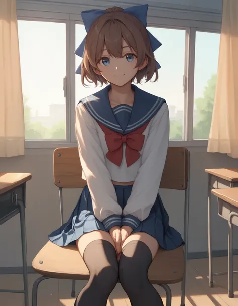 tomoe,masterpiece,best quality,good quality,1girl,solo,brown hair,hair_ribbon,hair bow,school uniform,serafuku,blue_sailor_collar,ribbon,bow,long sleeves,blue skirt,pleated skirt,black thighhighs,sitting_on_chair,v_arms,smile,classroom,window_,curtains,loo...