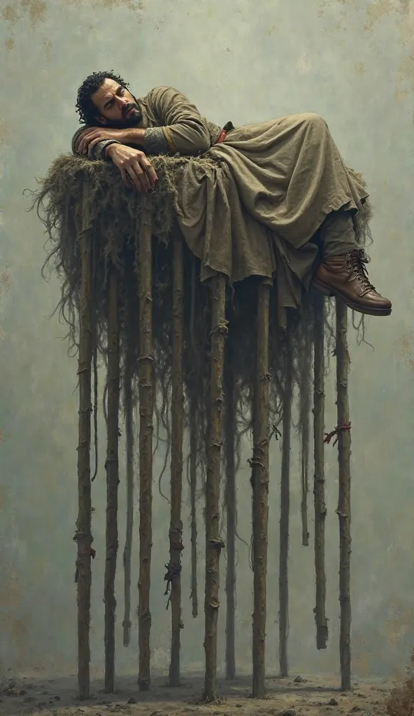 A man dressed in the middle ages lying on ten poles with a tired face 