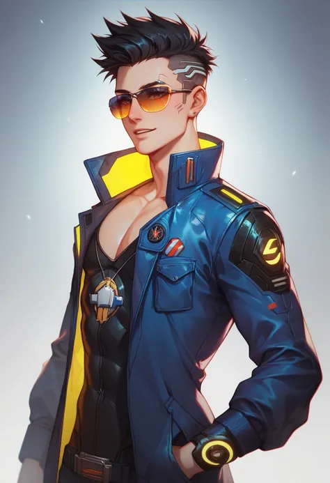 "An anime-style futuristic young man with spiky black hair and golden reflective sunglasses. He wears a sleek black cyberpunk jacket with glowing neon-blue digital circuits and holographic displays on the sleeves and chest. His expression is calm and confi...