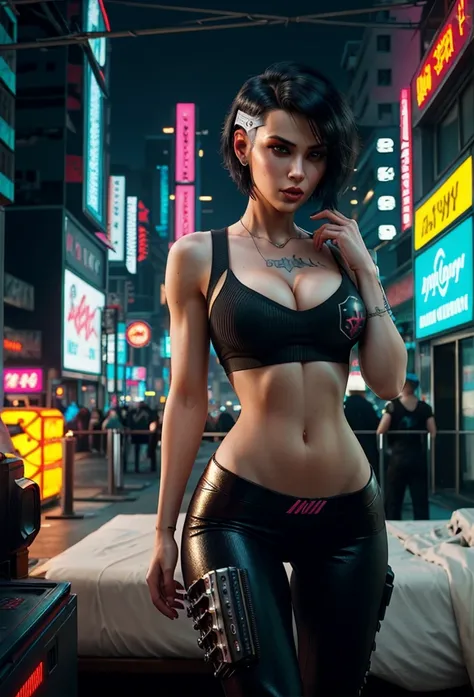 Girl and guy kissing in bed, girl in black underwear, black short hair, big breasted cyber girl, guy showing off his abs and chest muscles in black pants, cyberpunk 20-year-old model girl, cyberpunk atmosphere, cyberpunk atmosphere, cyberpunk aesthetics, c...