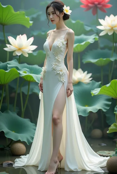 a woman in an elegant, flowing white gown adorned with floral designs. She is standing in a serene environment surrounded by large lotus flowers in various colors, including white and red, along with broad green leaves. The setting resembles a tranquil gar...