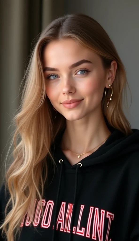 A highly detailed and realistic digital portrait of a young woman with long, silky blonde hair and striking blue eyes. She has a flawless, slightly airbrushed complexion and wears subtle yet elegant makeup. She is dressed in a stylish black hoodie with bol...