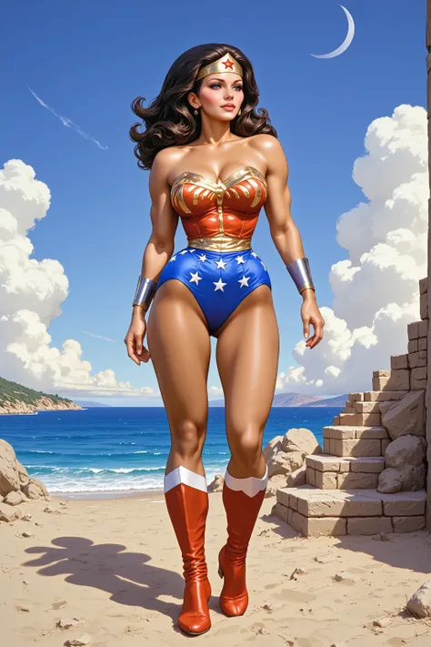  ((oil painting:1.1)) of SEXY LYNDA CARTER AS THE ICONIC 1960 WONDER WOMAN, WEARING A SPANDEX WONDER WOMAN COSTUME, SPANDEX PATRIOTIC BLUE shorts. , RED WONDER WOMAN BOOTS. CRYSTAL CLEAR ART, CELAN CRISP ART, 4K, 8K, MILLIONS OF TEXTURES, heroic pose, bubb...
