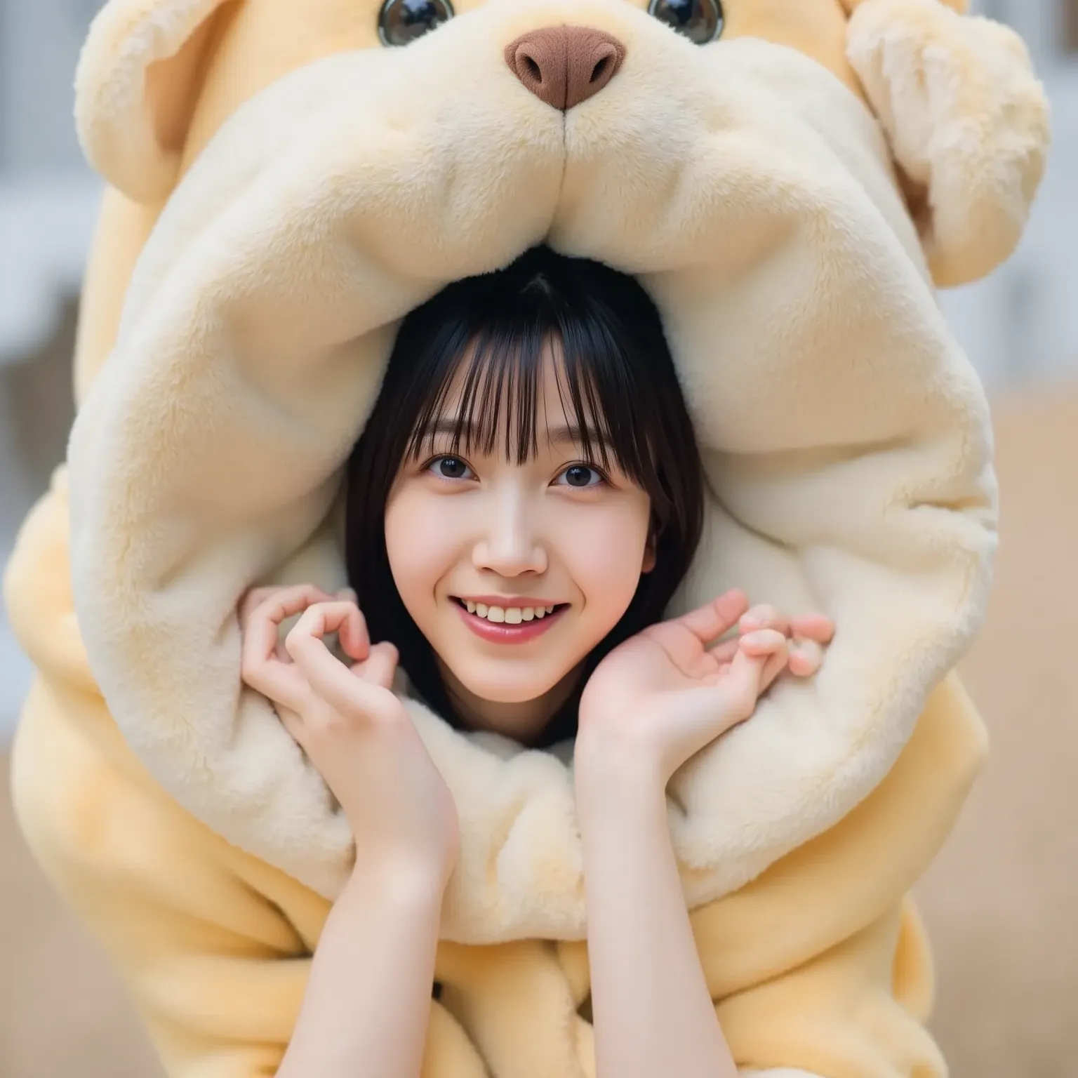 「A playful Japanese woman with a mischievous smile peeks her face out from the mouth of a giant stuffed animal. The stuffed animal is soft and colorful, resembling a cute, oversized bear or lion. The woman has dark, straight hair and is wearing casual, fun...