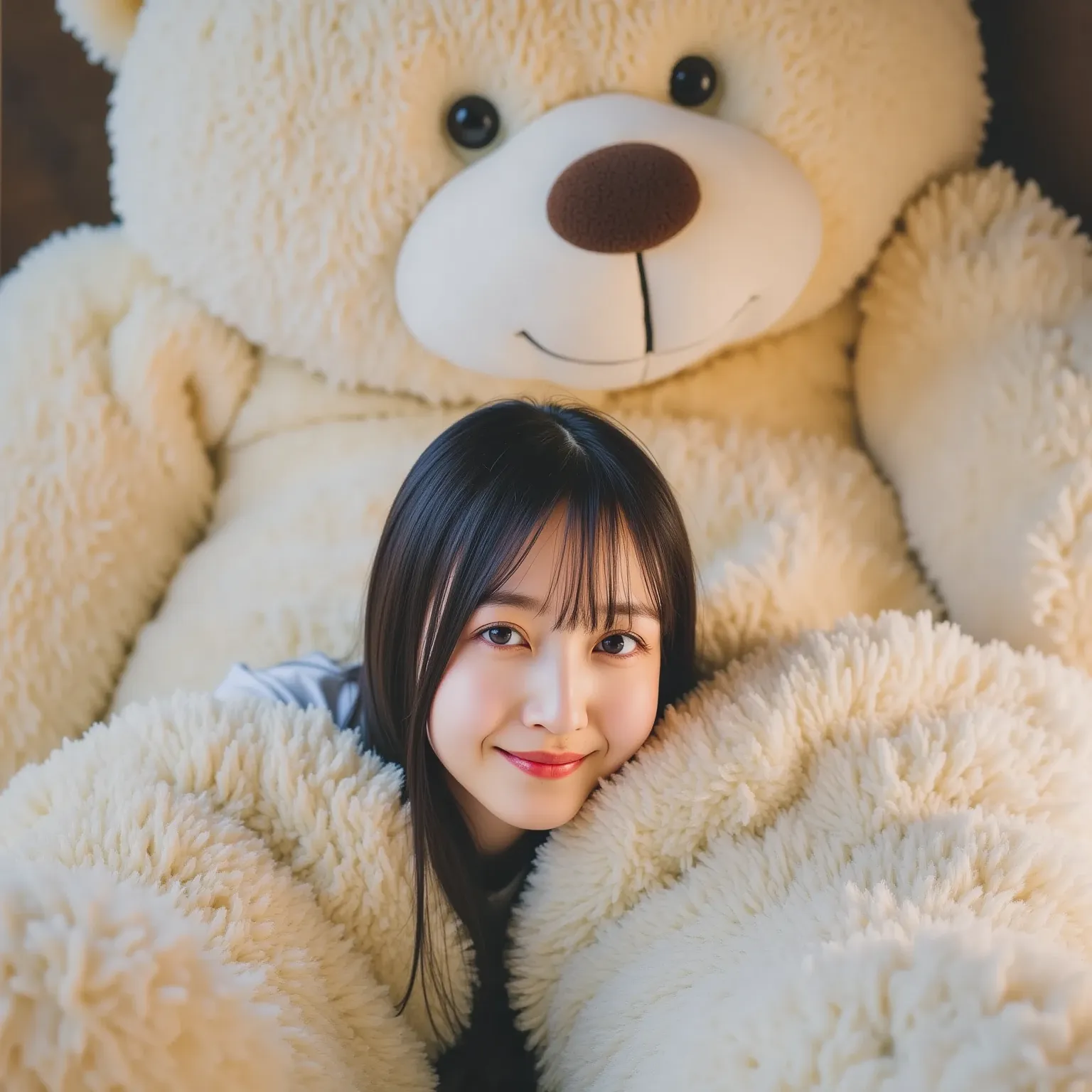 「A playful Japanese woman peeking out from the belly of a giant teddy bear, with a cheerful expression. She has long black hair, wearing casual clothes, and her face is visible as she playfully hides inside the teddy bear. The teddy bear is enormous, soft,...