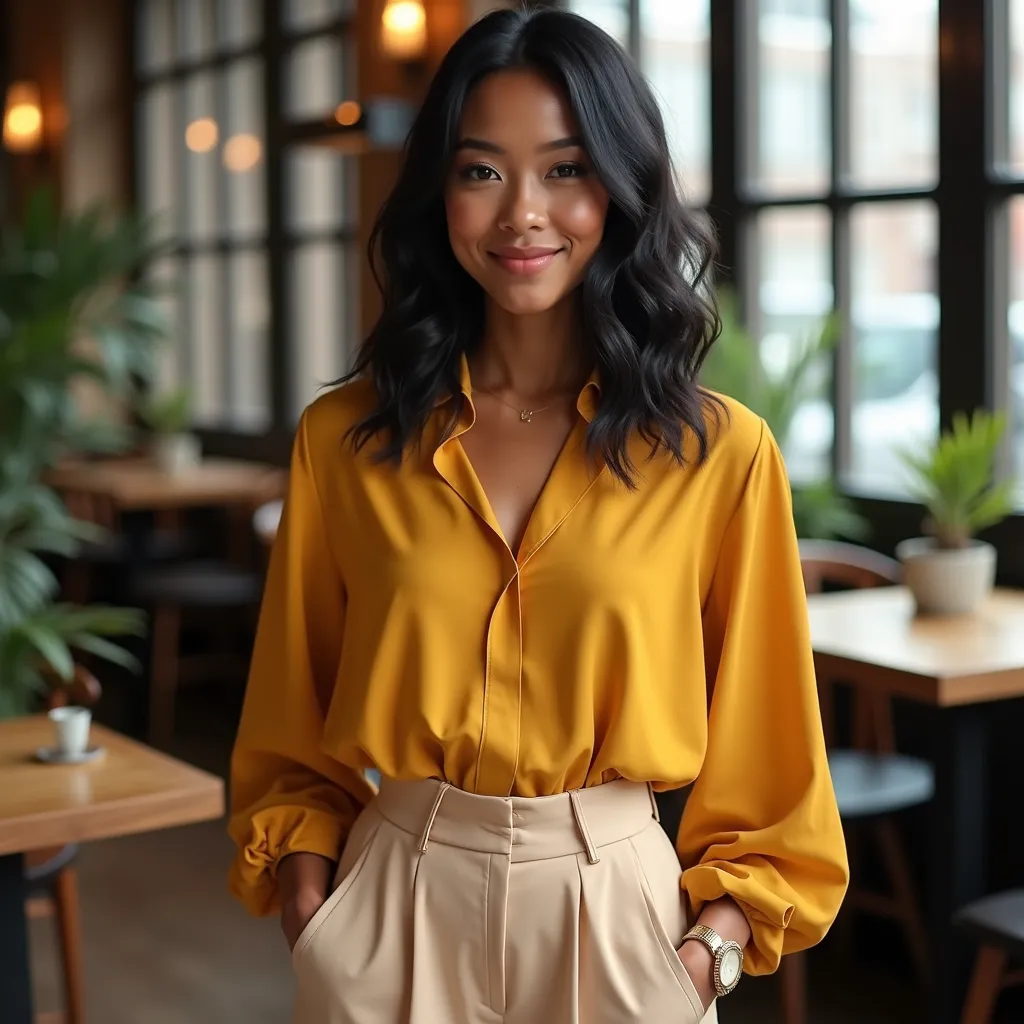 A 24-year-old woman with a unique blend of East Asian and West African heritage. She has smooth, warm brown skin, deep almond-shaped eyes, and full lips that carry a soft, confident smile. Her dark, wavy hair is styled in a shoulder-length bob. She is wear...