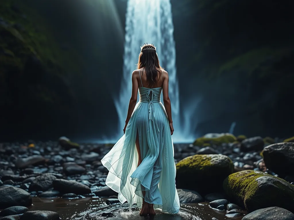 A princess from a fantasy world is standing facing this side with a waterfall behind her back in a deep, dim forest where unicorns live, (( in a deep, dim forest, very close to the waterfall)), ((The princess is standing facing us in the immediate vicinity...