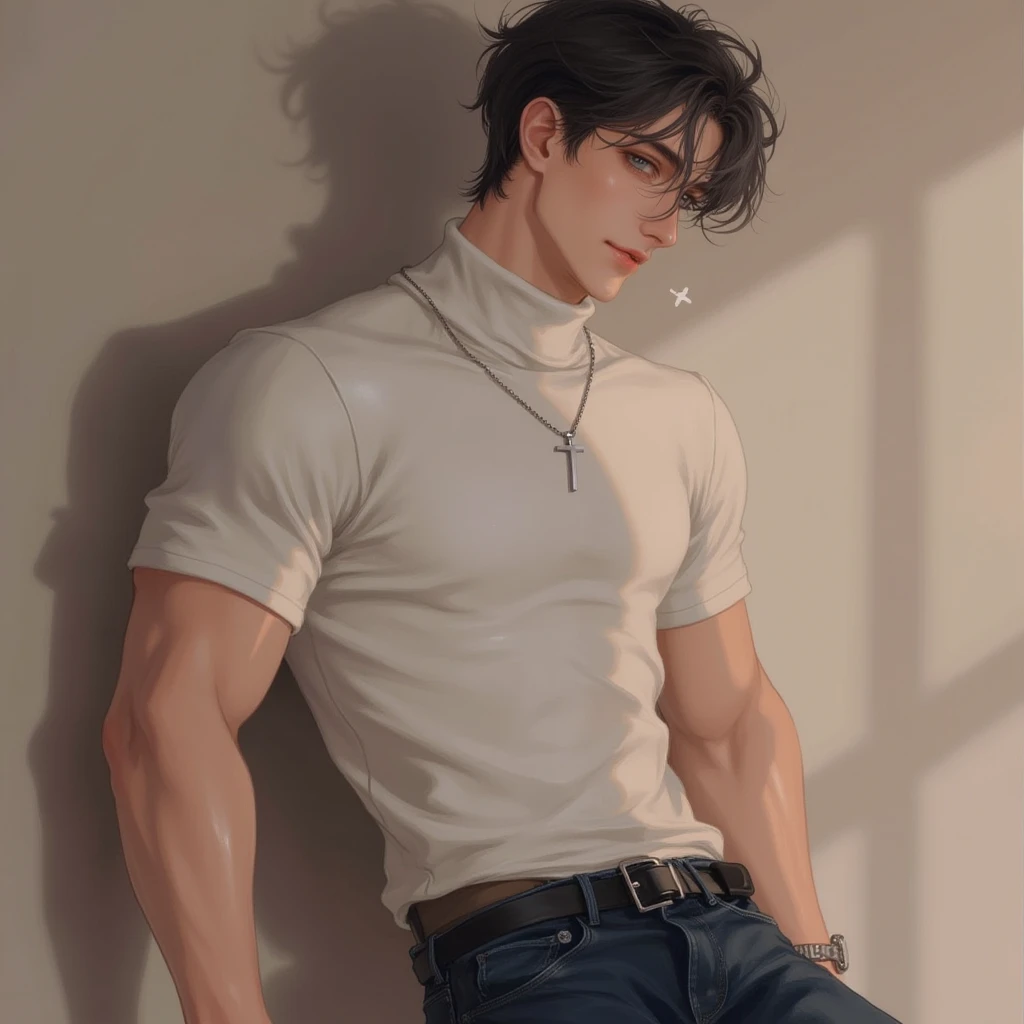 1 person,  casting, sharp, cute,  ผมดำ,   short hair  , wearing a turtleneck t-shirt,   long jeans,   blue eye, smilebig muscles ,  muscle, high resolution, Masterpiece, precise,  quality ที่ดีที่สุด,  quality , High profile , โมเดลhigh resolution, high re...