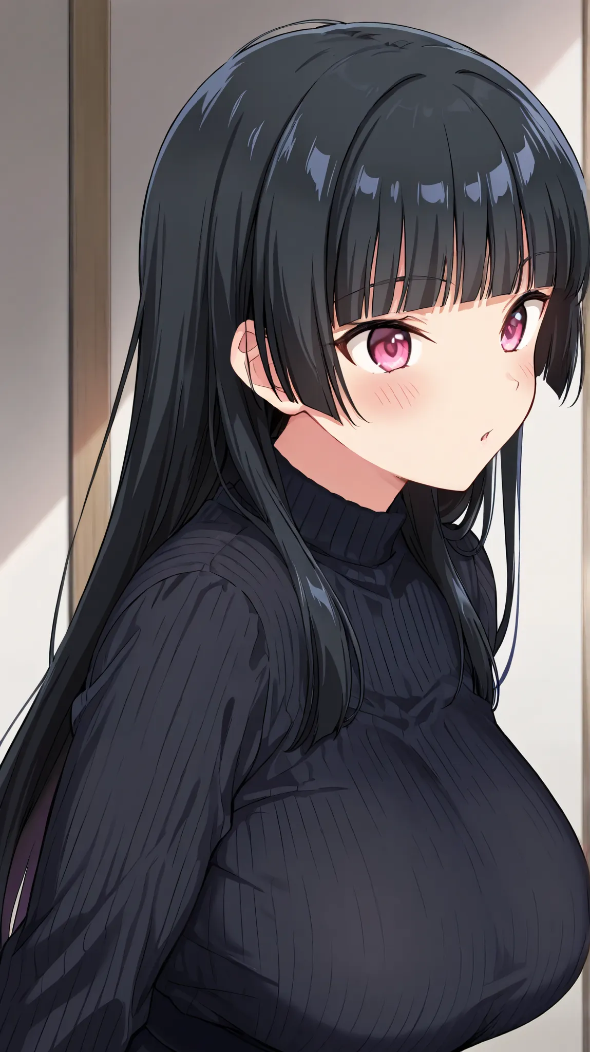 1girl, big breasts, long hair, hime cut, straight bangs, black hair, pink eyes