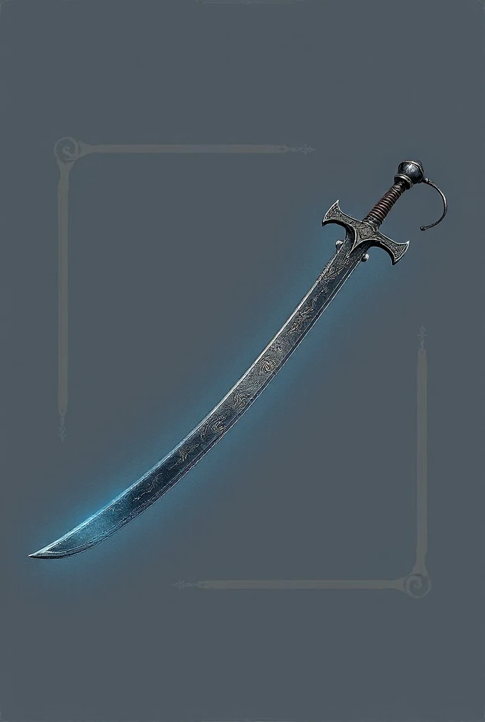 A Calvary sword with a dark gray metal that has blue runic looking lines on it. 