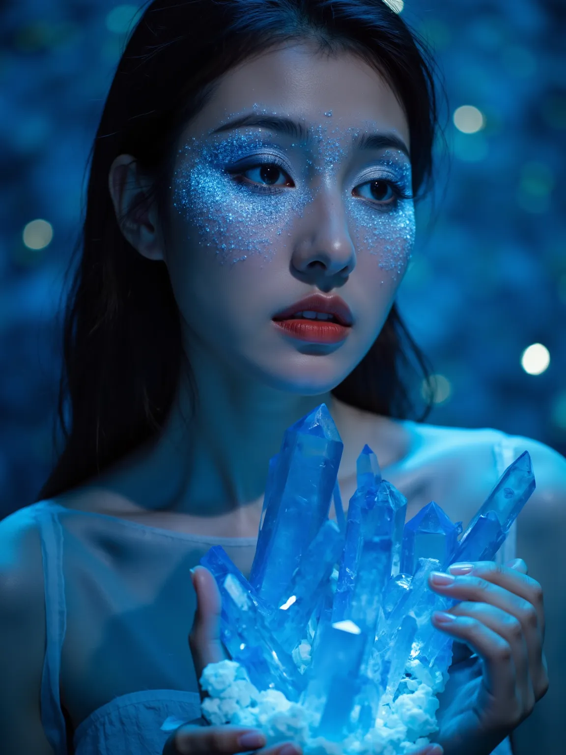 A beautiful woman with blue crystal makeup, the crystals sparkle in her eyes and she is surrounded by them. Her skin glows like moonlight. The background features an abstract blue environment with golden accents. High-resolution photography, intricate deta...