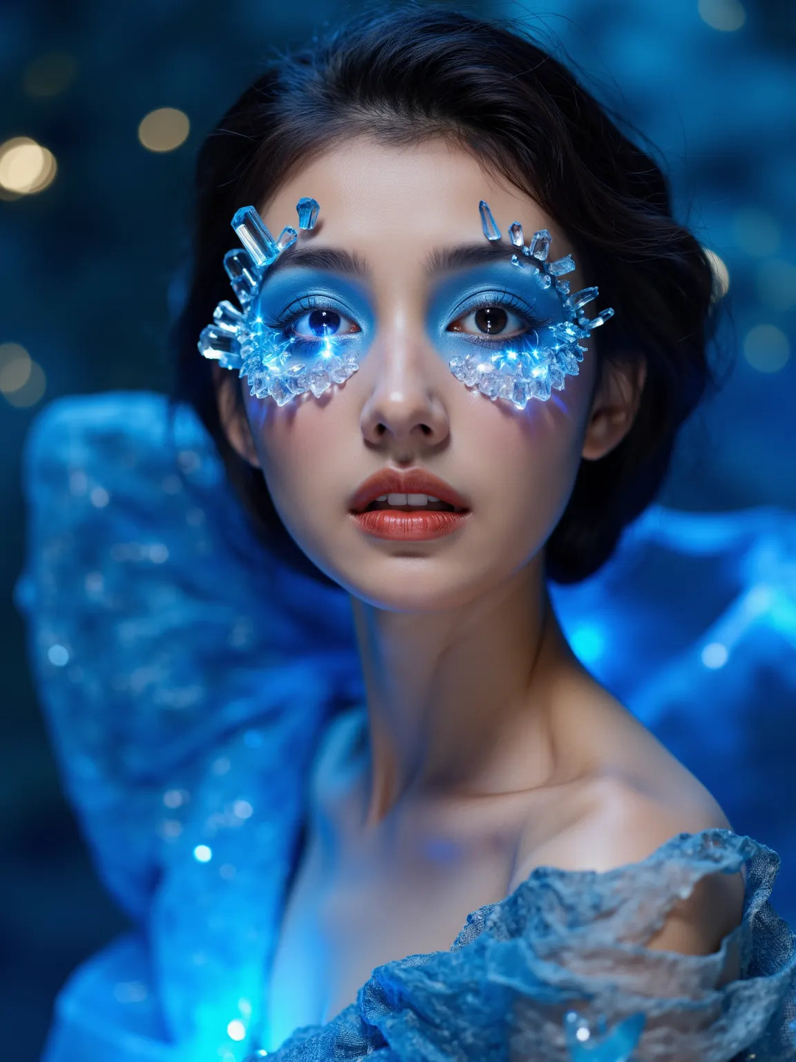 A beautiful woman with blue crystal makeup, the crystals sparkle in her eyes and she is surrounded by them. Her skin glows like moonlight. The background features an abstract blue environment with golden accents. High-resolution photography, intricate deta...