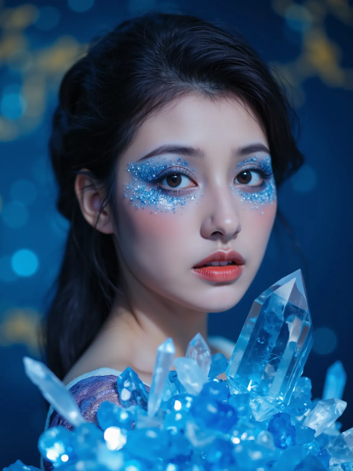 A beautiful woman with blue crystal makeup, the crystals sparkle in her eyes and she is surrounded by them. Her skin glows like moonlight. The background features an abstract blue environment with golden accents. High-resolution photography, intricate deta...