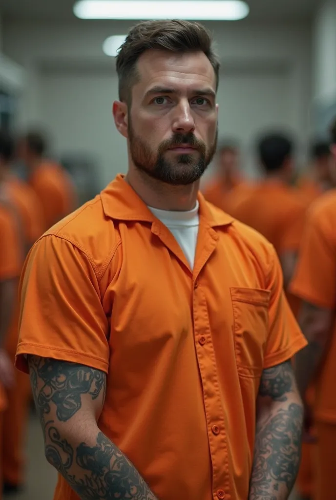 A lot of them wear orange, shows that this is a high-security prison environment. They look strong，Tattoo on arm，They are neatly arranged，Working in prison with tools