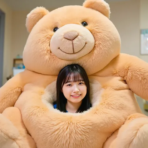 「A playful Japanese woman peeking out from the belly of a giant teddy bear, with a cheerful expression. She has long black hair, wearing casual clothes, and her face is visible as she playfully hides inside the teddy bear. The teddy bear is enormous, soft,...