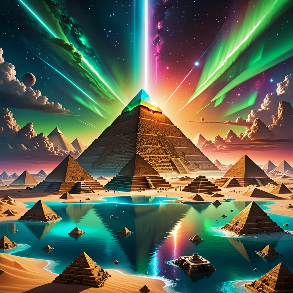 a detailed, award-winning, detailed pyramids, cinematic album cover for Pharos, featuring a serene, otherworldly landscape with a massive, glowing structure in the foreground, surrounded by floating islands and a cosmic, aurora-filled sky, rendered in a hy...