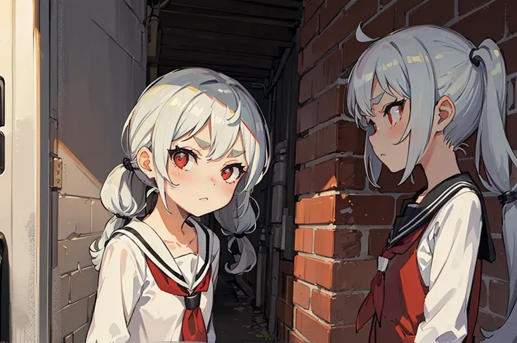 Young girl with grey hair, ((fringed and curly hair)),((curly short twintail)), curly hair ,(red eyes),, ((small bushy eyebrows)), naked, lolicon , to school, bored eyes, bored face , ,  in a dirty alley,,