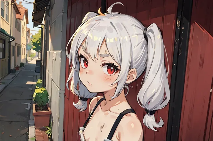 Young girl with grey hair, ((fringed and curly hair)),((curly short twintail)), curly hair ,(red eyes),, ((small bushy eyebrows)), naked, lolicon , to school, bored eyes, bored face , ,  in a dirty alley,,