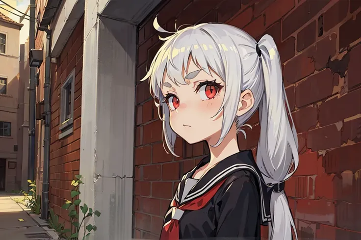 Young girl with grey hair, ((fringed and curly hair)),((curly short twintail)), curly hair ,(red eyes),, ((small bushy eyebrows)), naked, lolicon , to school, bored eyes, bored face , ,  in a dirty alley,,