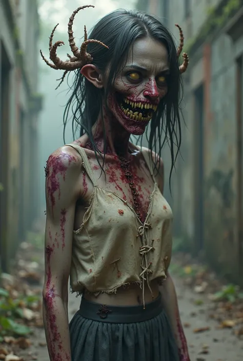 The young female zombie stands awkwardly before Hitch, her decaying form a haunting blend of human and grotesque. Her skin is a sickly gray, mottled with blotches of purple and dark veins that snake beneath the surface. Her face, once delicate, is now gaun...