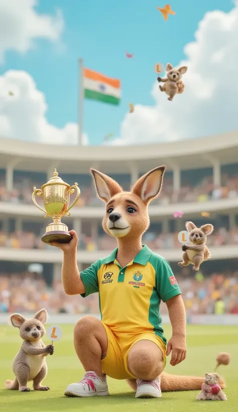 A cartoon or photo of a disappointed Australian cricket player (e.g., a generic kangaroo in a green-and-gold cricket uniform or a well-known player like Pat Cummins or Steve Smith) sitting on the ground, holding a tiny, cracked Champions Trophy.Floating ar...