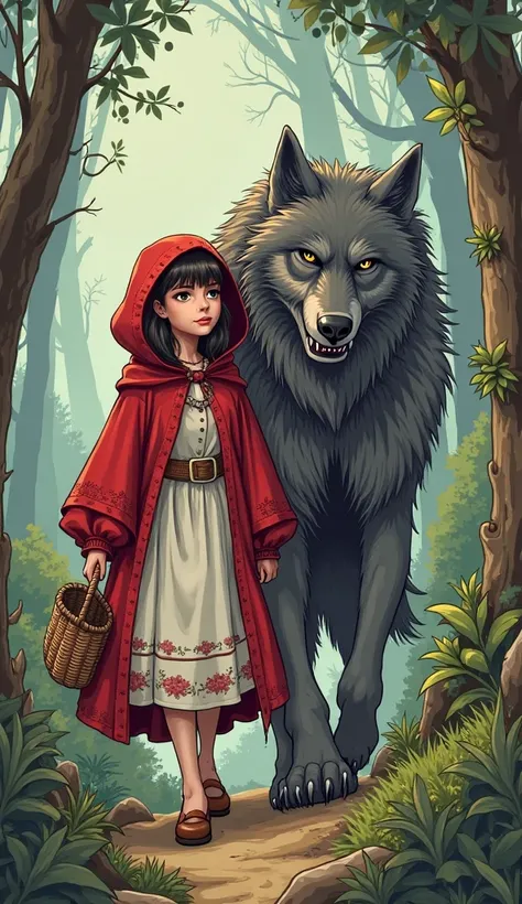 adhughes1 illustration in a comic book style. A woman dressed in a Little Red Ridding Hood costume, walking alongside the Big Bad Wolf.