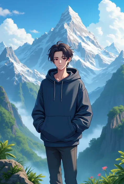 Make a anime boy in cool  look in aesthetic mountain his hand is his hoodie pocket 