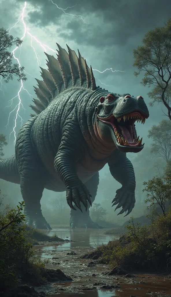 A terrifying hybrid of a hippopotamus and a Spinosaurus stands in the heart of a swampy, primordial landscape, a monstrous fusion of brute force and ancient reptilian power. Its body is massive and bulky, with the muscular, round frame of a hippopotamus, b...