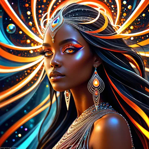 Fractals infused hybrid eith a beautiful black woman fractals sre her eyes down to the patterning in her skin ethereal otherworldly neinf of light translucent eith fractal patterns beaning out of her body red streaks orange streaks hyperdetailed intricate ...