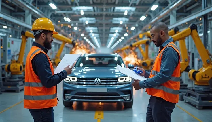 "A high-tech car manufacturing factory with two male engineers wearing safety gear (helmets, reflective vests, and work gloves) standing in the foreground, discussing blueprints or using a tablet. In the background, a Volkswagen car is positioned on the fa...