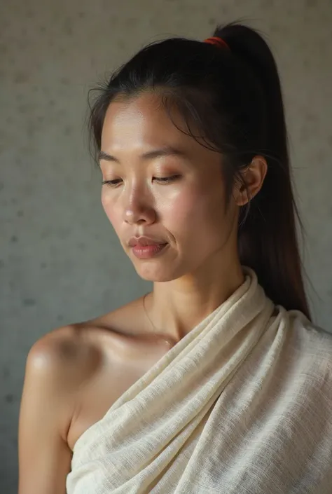 Close-up shot of Thai women's masterpiece,which is an adult,47 years old, ponytail,The body is wrapped in Thai linen