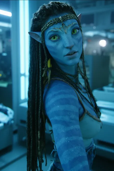 nude photography of (1) gorgeous female avatar alien wearing a tank top and jean shorts, gorgeous na'vi face, she is wearing a tank top, blue skin, pointy na'vi alien ears, big beautiful eyes, Taylor Swift as a na'vi alien, Taylor Swift face, cleavage, smu...